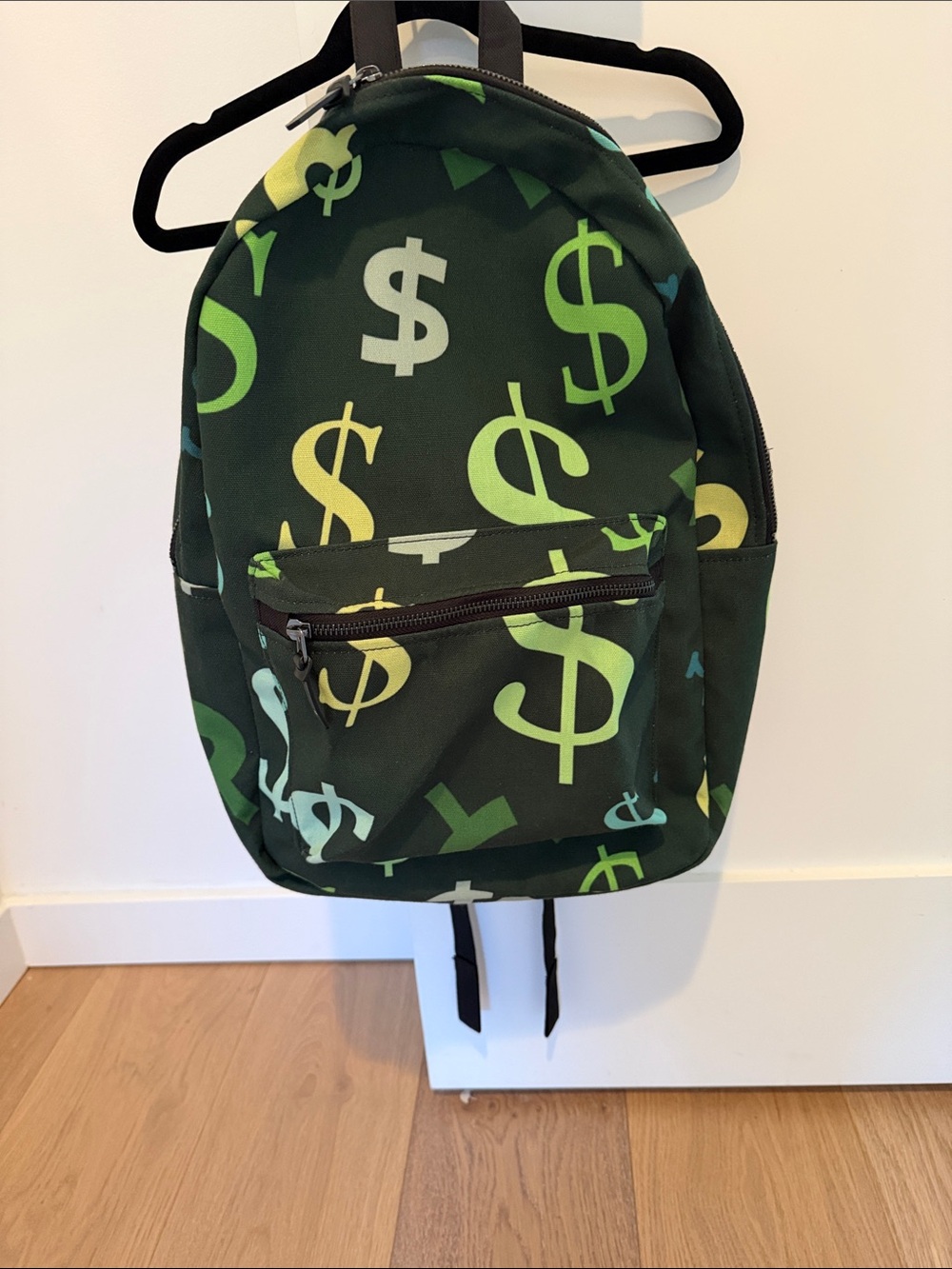 Society6 Dark Green Backpack with Lime and Yellow Dollar Signs